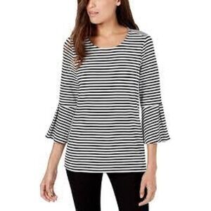 Alfani‎ Women S Black White Zebra Stripe Flare 3/4 Flutter Sleeve Whimsical Boho